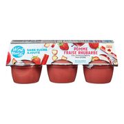 Collations de compotes de pommes, fraises et rhubarbe