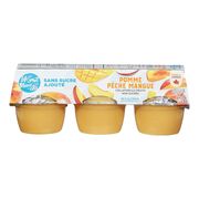 Collations de compote de pommes, pêches et mangues