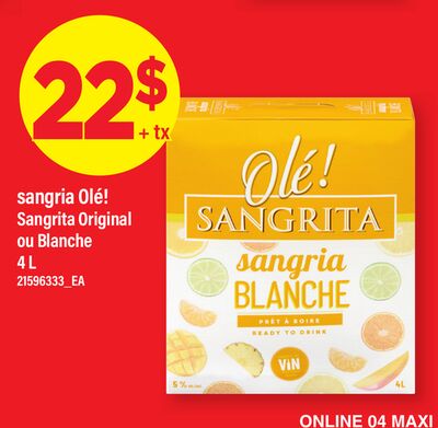 SANGRIA OLÉ! SANGRITA ORIGINAL OU BLANCHE, 4 L