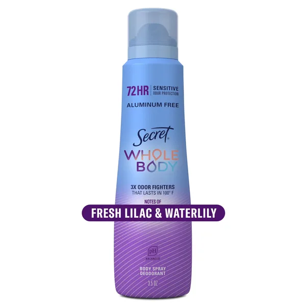 Désodorisant en vaporisateur corporel secret tout le corps sans aluminium pour femmes. lilas et nénuphar