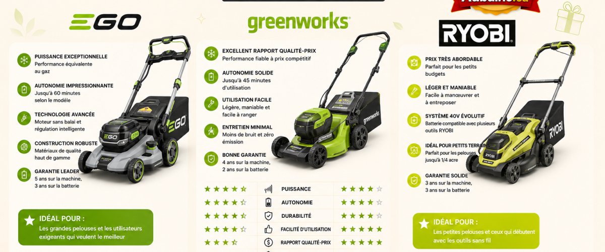 Ego vs greenworks vs ryobi cordless lawn mowers — Tondeuse à batterie EGO vs Greenworks vs Ryobi : laquelle choisir en 2026 ?