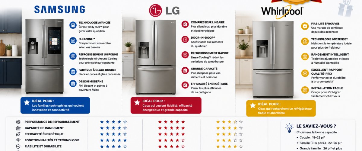 Refrigerateur samsung vs lg vs whirlpool — Réfrigérateur Samsung vs LG vs Whirlpool : le comparatif québécois 2026