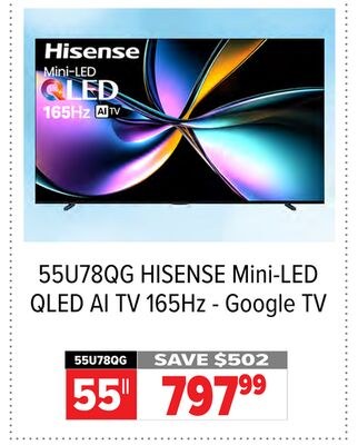 55U78QG 55" HISENSE Mini-LED QLED AI TV 165Hz -…