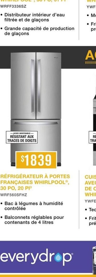 Réfrigérateur à portes françaises Whirlpool, 36…