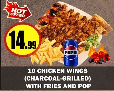 10 CHICKEN WINGS (CHARCOAL-GRILLED) WITH FRIES …