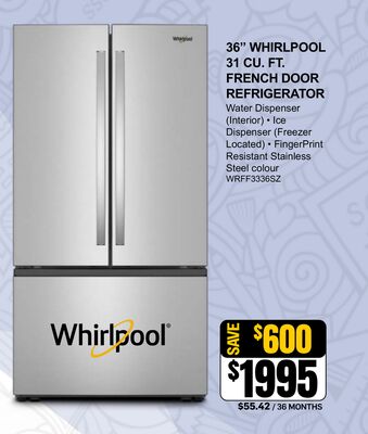 36" WHIRLPOOL 31 CU. FT. FRENCH DOOR REFRIGERAT…