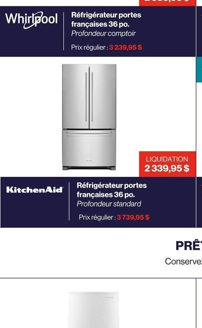KitchenAid Réfrigérateur portes françaises 36 po