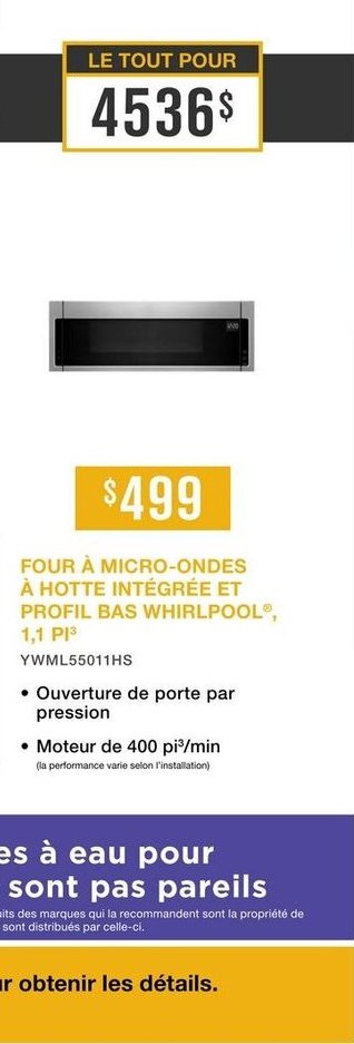 FOUR À MICRO-ONDES À HOTTE INTÉGRÉE WHIRLPOOL®, 1,9 PO