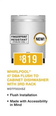 WHIRLPOOL® 47 DBA FLUSH TO CABINET DISHWASHER W…