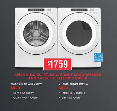 AMANA 5.0 CU. FT. I.E.C. FRONT LOAD WASHER AND …