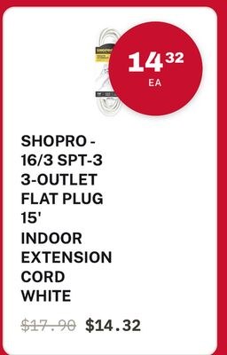 SHOPRO - 16/3 SPT-3 3-OUTLET FLAT PLUG 15' INDO…
