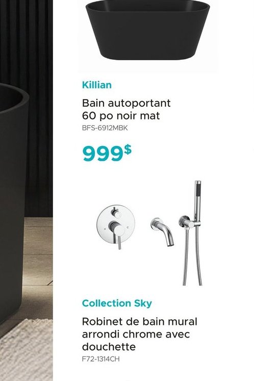 Killian - Bain autoportant 60 po noir mat