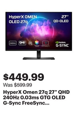 HyperX Omen 27q 27" QHD 240Hz 0.03ms GTG OLED G…