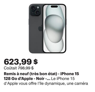 Remis à neuf (très bon état) - iPhone 15 128 Go…