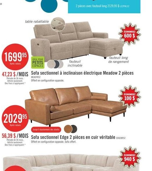 Sofa sectionnel à inclinaison électrique Meadow…