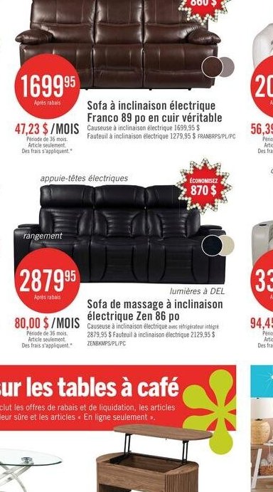 Sofa à inclinaison électrique Atlantis 80 po