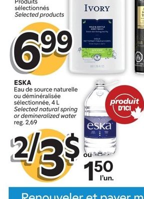 Eska Eau de source naturelle ou déminéralisée s…