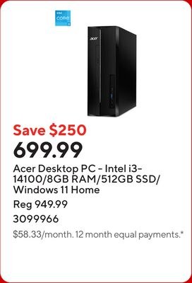 Acer Desktop PC - Intel i3-14100/8GB RAM/512GB …
