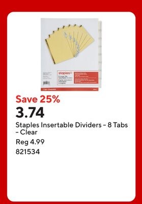 Staples Insertable Dividers - 8 Tabs - Clear