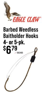 EAGLE CLAW Barbed Weedless Baitholder Hooks