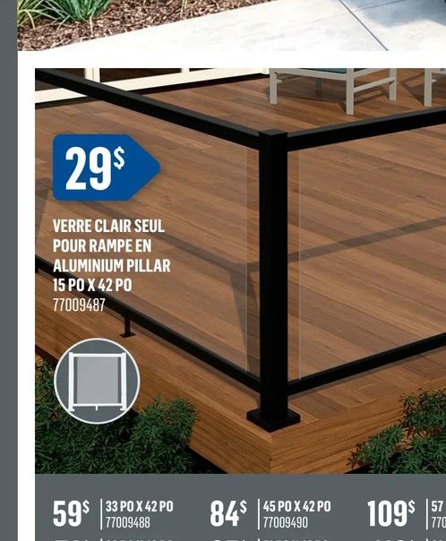 Verre clair seul pour rampe en aluminium Pillar…