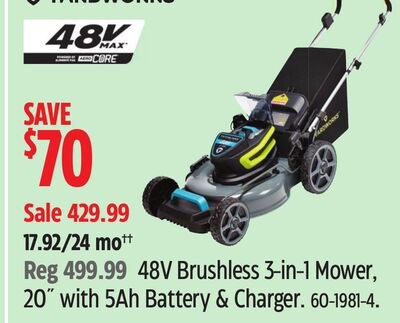 YARDWORKS 48V Brushless 3-in-1 Mower, 20" with …