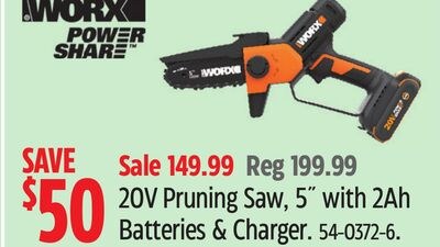 Worx 20V Pruning Saw, 5" with 2Ah Batteries & C…