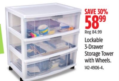 Type A Lockable 3-Drawer Storage Tower with Whe…