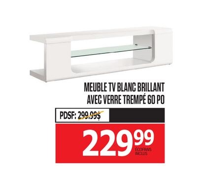 MEUBLE TV BLANC BRILLANT AVEC VERRE TREMPÉ 60 PO