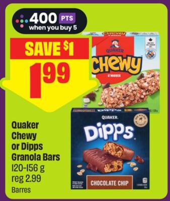 Quaker Chewy or Dipps Granola Bars 120-156 g