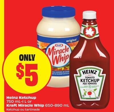 Heinz Ketchup 750 mL- 1 L or Kraft Miracle Whip…