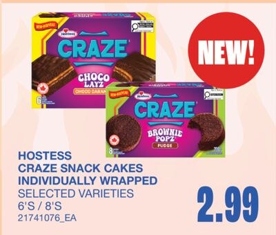 CRAZE SNACK CAKES INDIVIDUALLY WRAPPED, 6'S / 8…