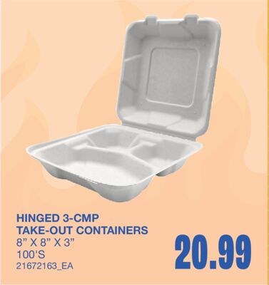 HINGED 3-CMP TAKE-OUT CONTAINERS, 8" X 8" X 3" …