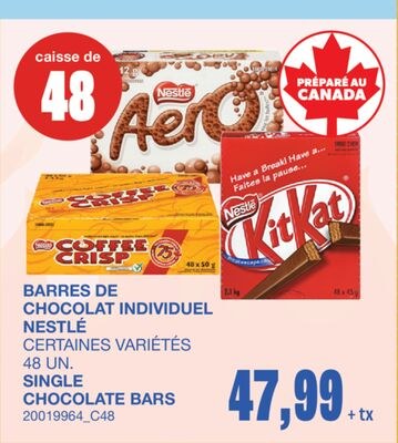 SINGLE CHOCOLATE BARS, 48 UN.