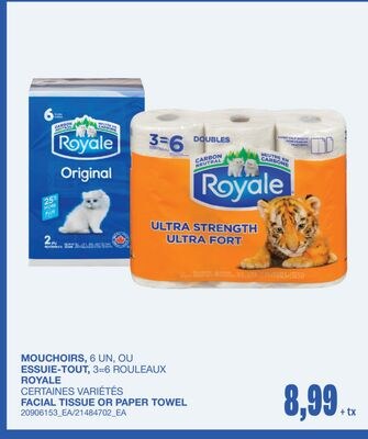 FACIAL TISSUE, 6 UN OR PAPER TOWEL, 3=6 ROULEAUX