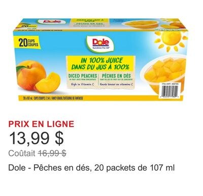 Dole - Pêches en dés, 20 packets de 107 ml