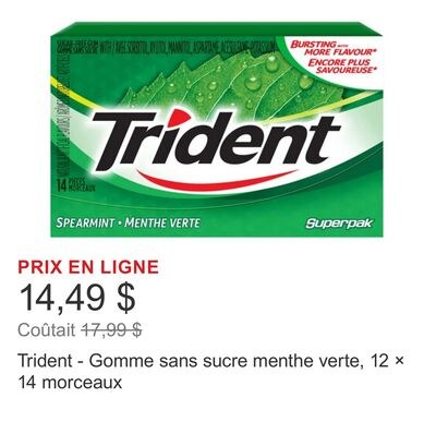 Trident - Gomme sans sucre menthe verte, 12 × 1…