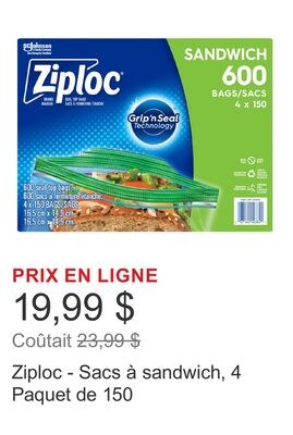Ziploc - Sacs à sandwich, 4 Paquet de 150