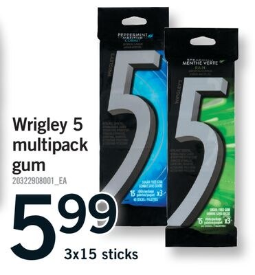 WRIGLEY 5 MULTIPACK GUM, 3X15 STICKS