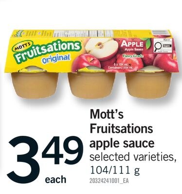 MOTT'S FRUITSATIONS APPLE SAUCE, 104/111 g