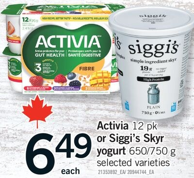 ACTIVIA, 12 PK OR SIGGI'S SKYR YOGURT, 650/750 G
