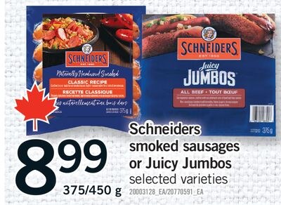 SCHNEIDERS SMOKED SAUSAGES OR JUICY JUMBOS, 375…