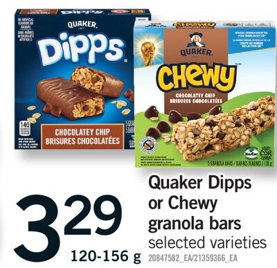 QUAKER DIPPS OR CHEWY GRANOLA BARS, 120-156 G