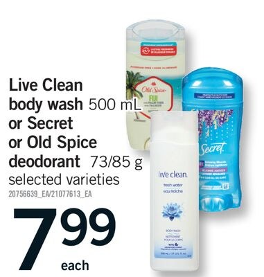 LIVE CLEAN BODY WASH, 500 ML OR SECRET OR OLD S…