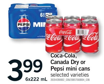 COCA-COLA, CANADA DRY OR PEPSI MINI CANS, 6X222…