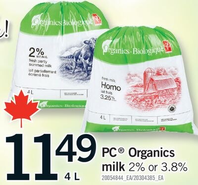 PC® ORGANICS MILK, 2% OR 3.8%, 4 L