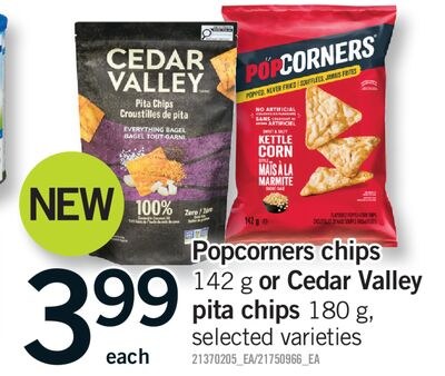 POPCORNERS CHIPS, 142 G OR CEDAR VALLEY, 180 G