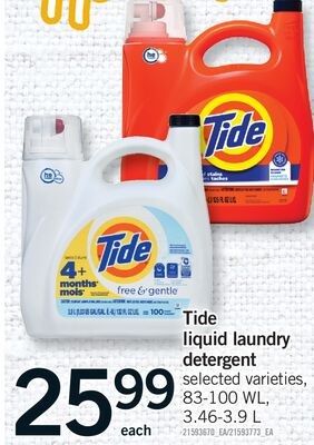 TIDE LIQUID LAUNDRY DETERGENT, 83-100 WL, 3.46-…