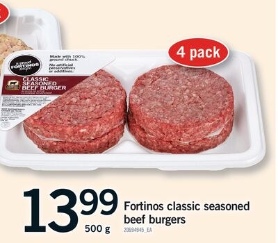 FORTINOS CLASSIC SEASONED BEEF BURGERS, 500 G