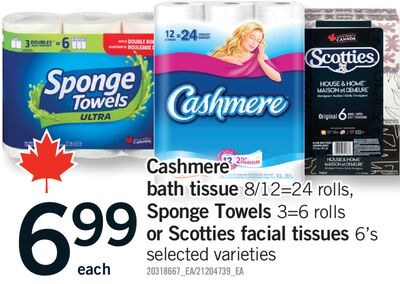 CASHMERE BATH TISSUE, 8/12=24 ROLLS, SPONGE TOW…